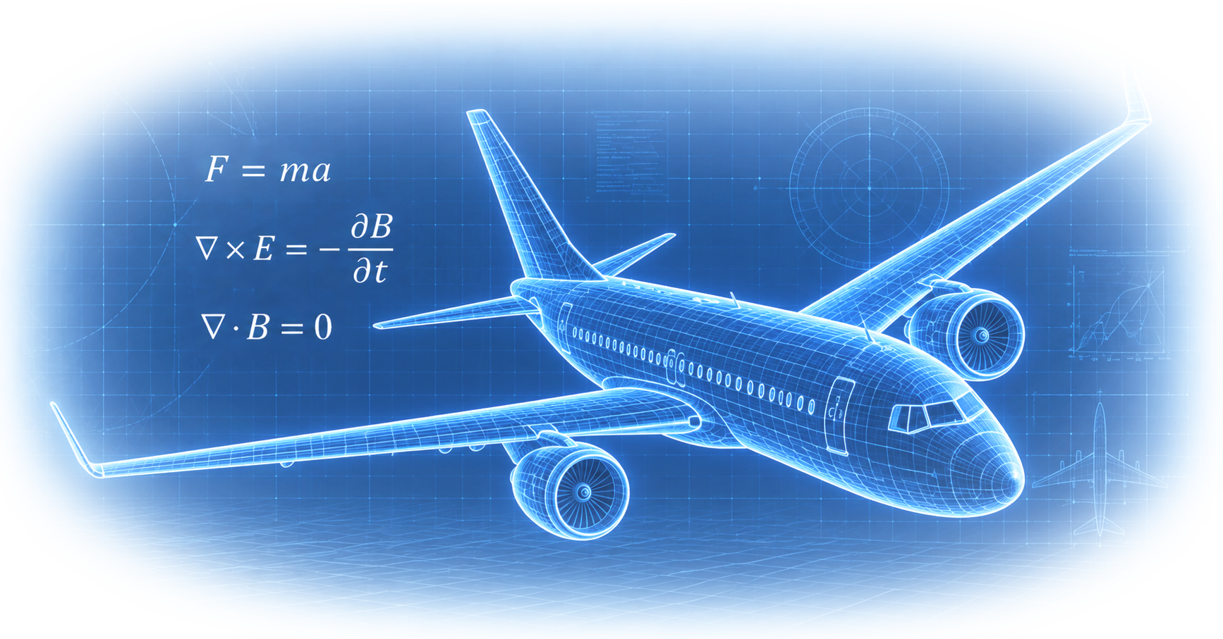 Wireframe aircraft with the equations of Newtonian mechanics and electromagnetism