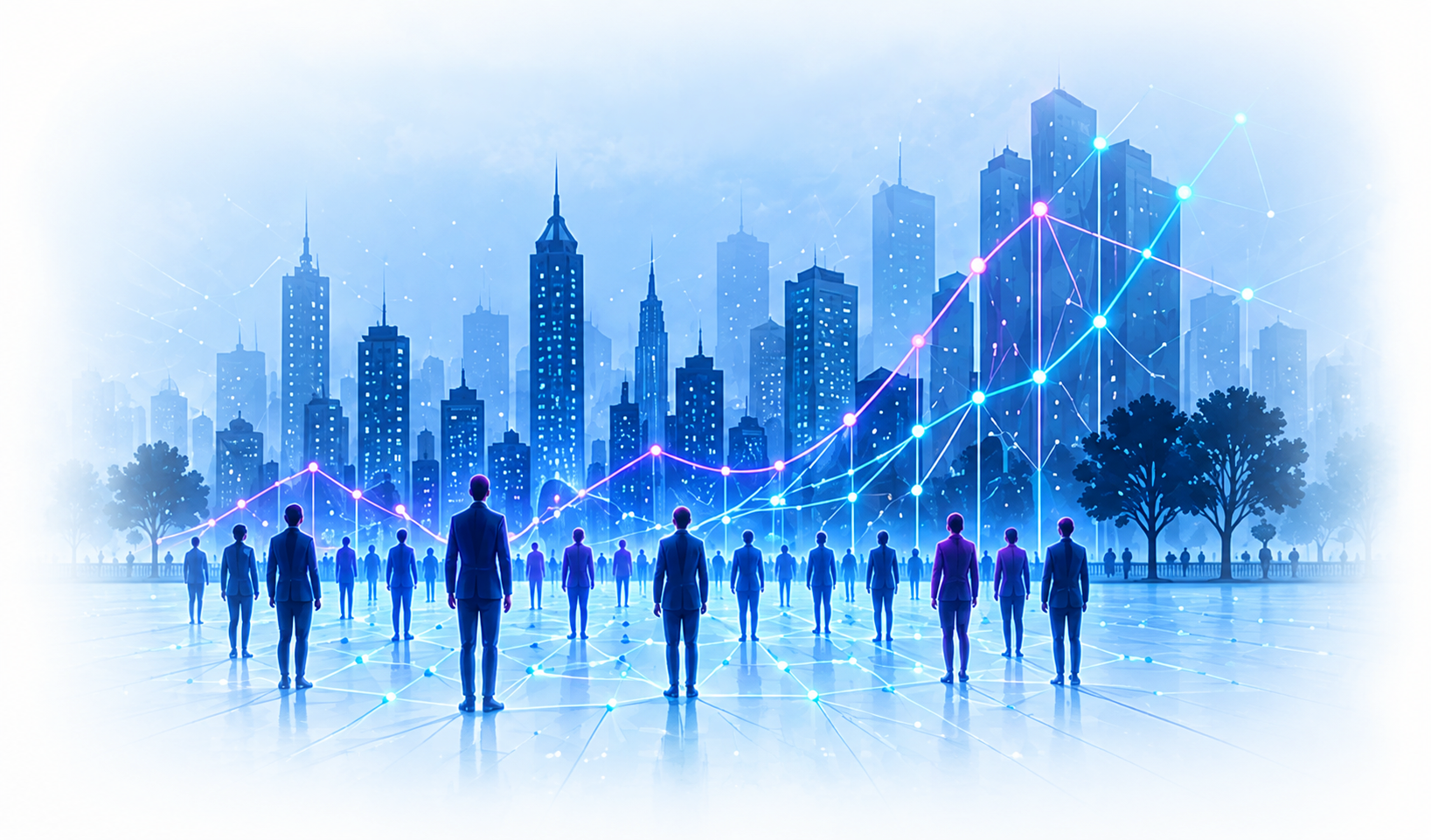 Silhouettes of people in front of a city skyline, connected by data trend lines
